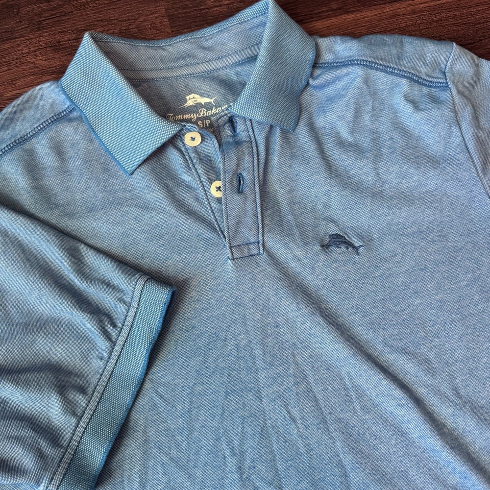 Tommy Bahama Polo Shirt Mens Blue Short Sleeve Collared Size Small Golf Uniform